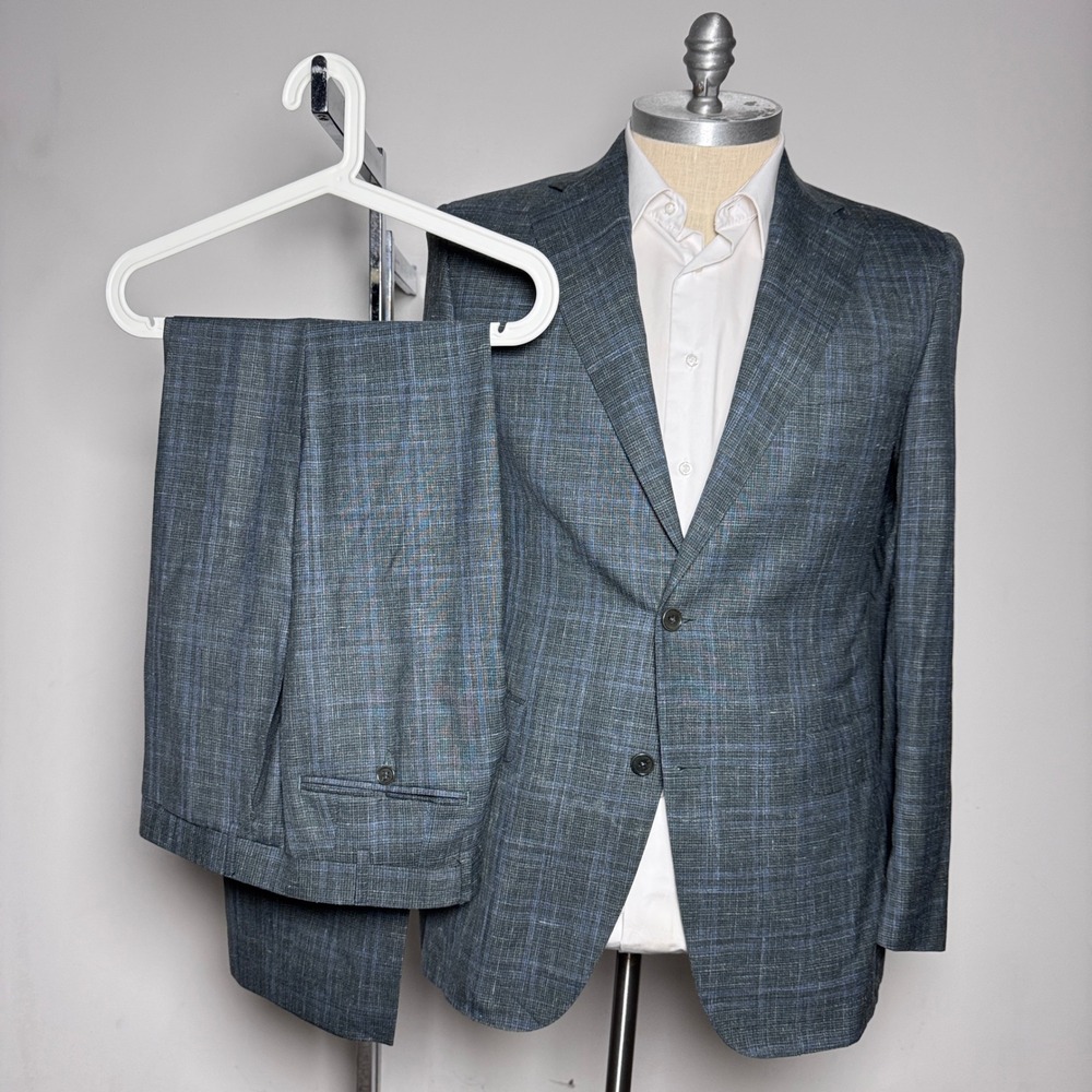 Canali Suit Mens 46L 34W Blue Gray Plaid Wool Silk Linen Travel 2-Button Italy